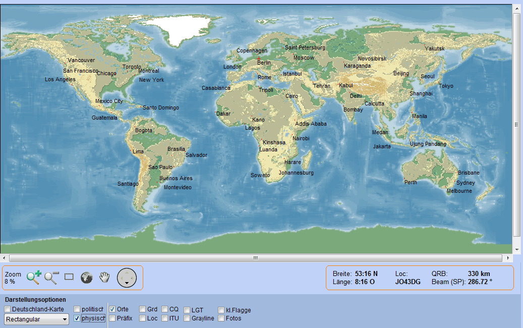 Weltkarte physisch mit Orten